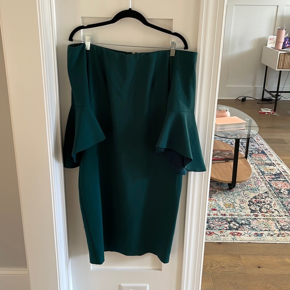 Chelsea28 Off-the-Shoulder Long Sleeve Teal Green Sheath Dress